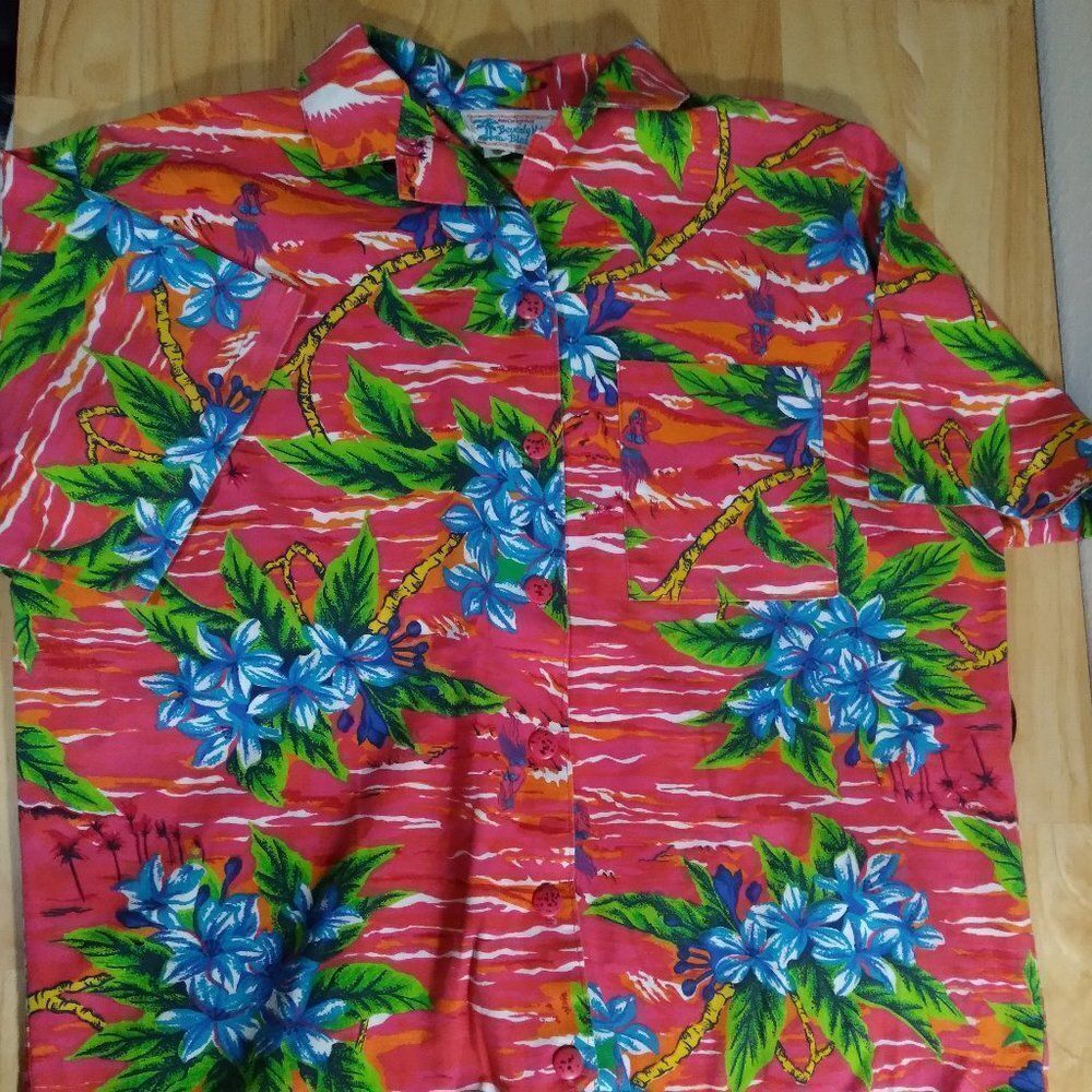 Vintage Beverly Hills Blues Palm Trees & Dancers Hawaiian Shirt